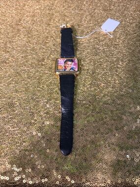 1992 Elvis Gold-Tone Square Watch with Black Leather Strap